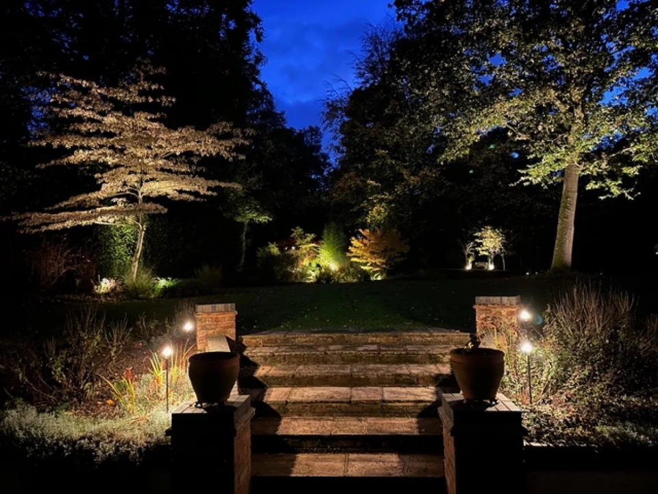 Pole lights surrounding stairs and planting